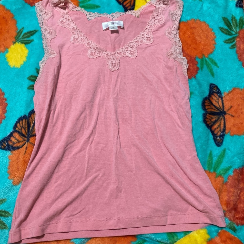 LOFT Pink Lace Trim Sleeveless Tank Top